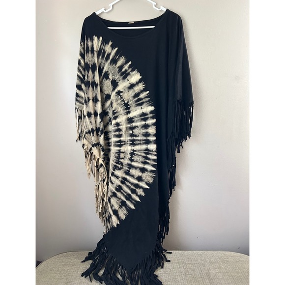 Zinna Pearl Arlo Black Tie Dye Fringed Boho  Cover Up Maxi Dress Poncho One Size - Picture 1 of 8